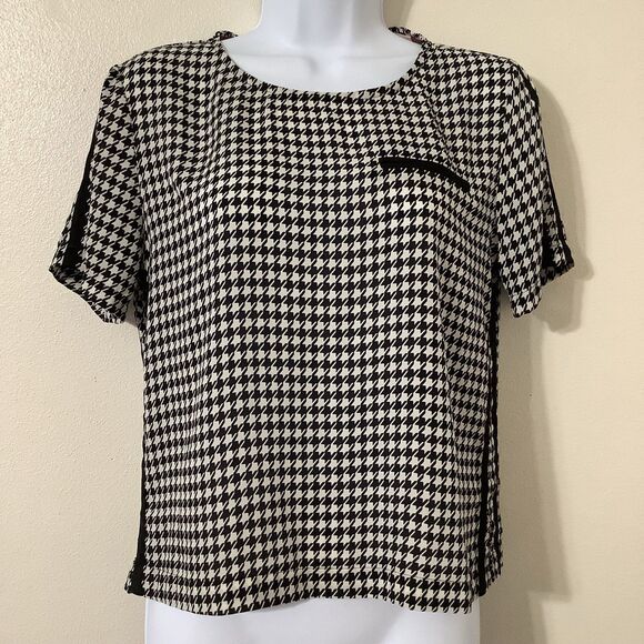 Rewind Houndstooth Preppy Old Money Retro Casual Academic Black White Blouse M - Picture 1 of 8